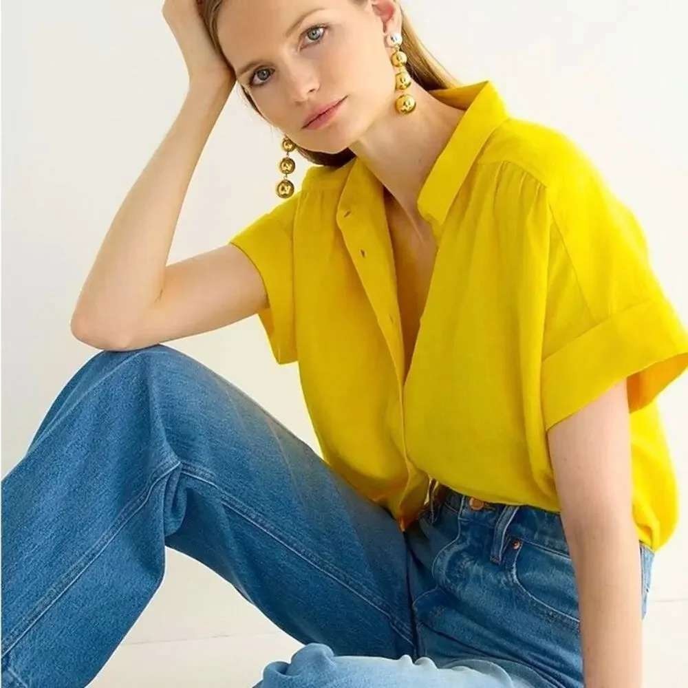 J. Crew Factory Short Sleeve Button-Down Shirt in Bright Yellow